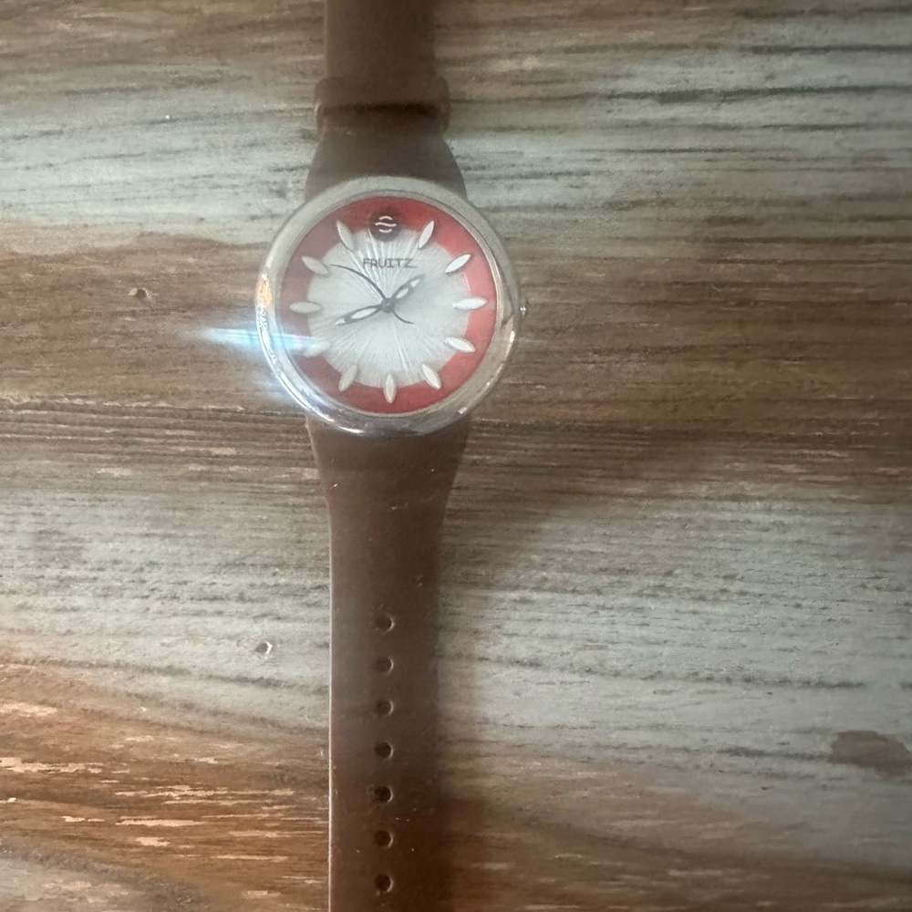 Philip Stein Fruitz watch - orange/white  with brown band - natural frequency